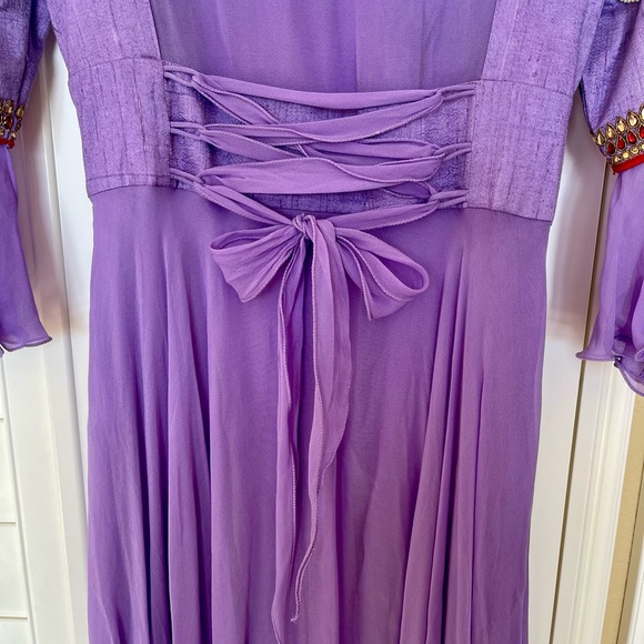 Pure georgette & rawsilk Indian designer LONG GOWN with Kundan work & long ghera - Picture 3 of 12